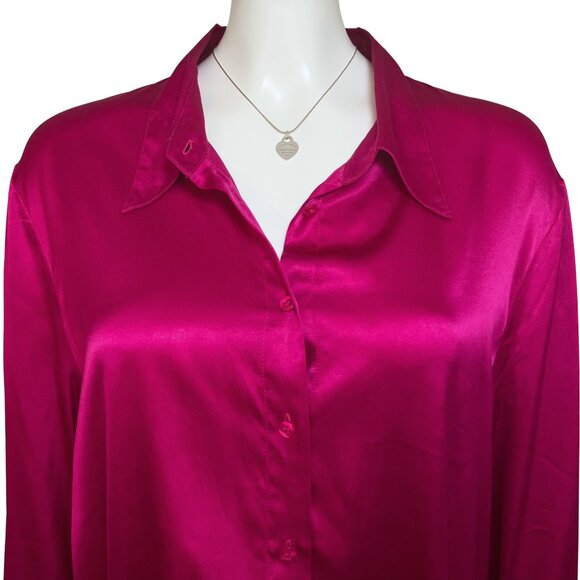 Vintage Y2K Silk Magenta Button Down Long Sleeve Blouse L/XL Office Sexy Classic - Picture 7 of 11